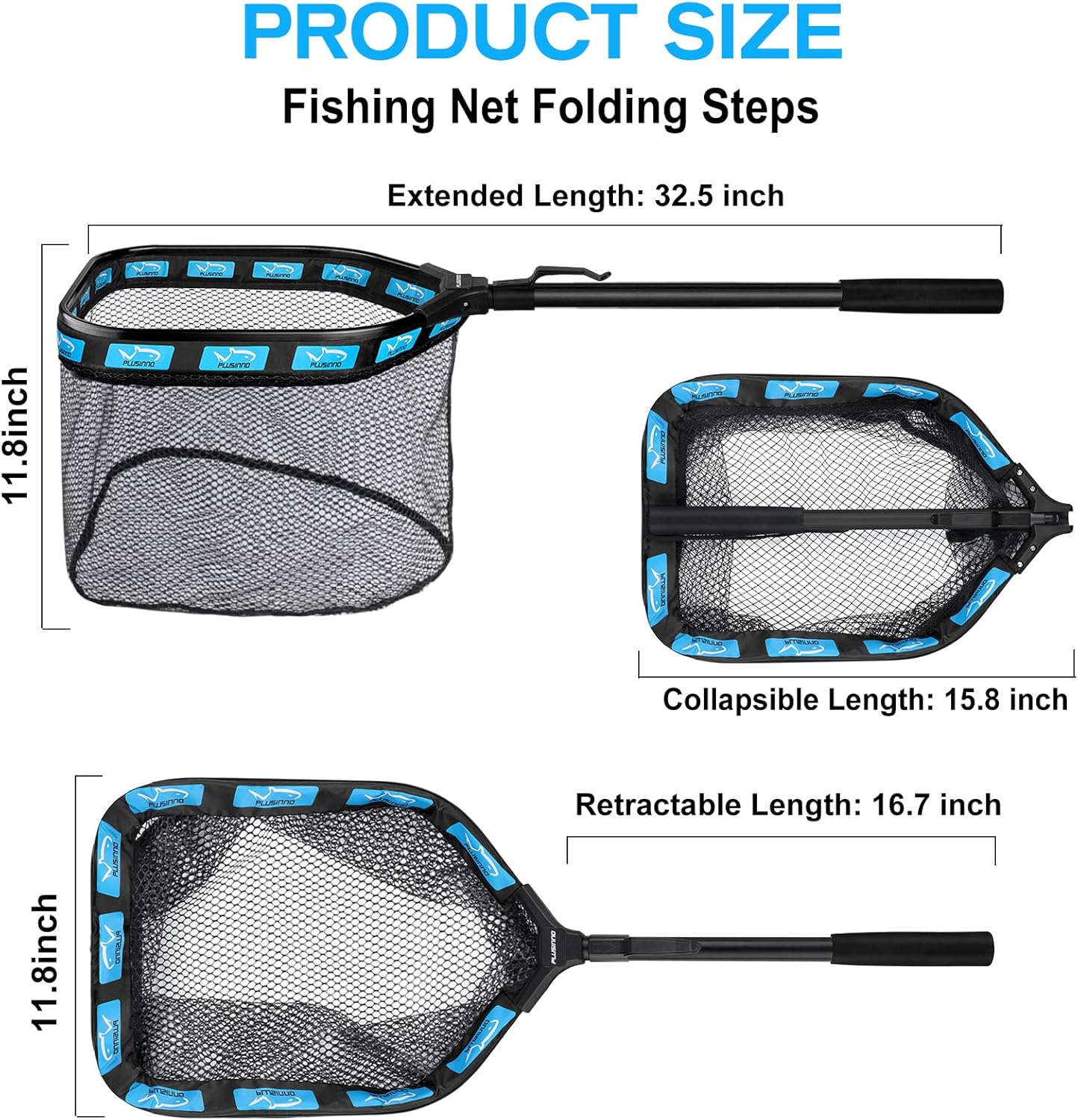 PLUSINNO Floating Fishing Net for Steelhead, Salmon, Fly, Kayak, Catfish, Bass, Trout Fishing, Rubber Coated Foldable Landing Net with Fixed or Telescoping Pole Handle, Fishing Gear and Gifts for Men