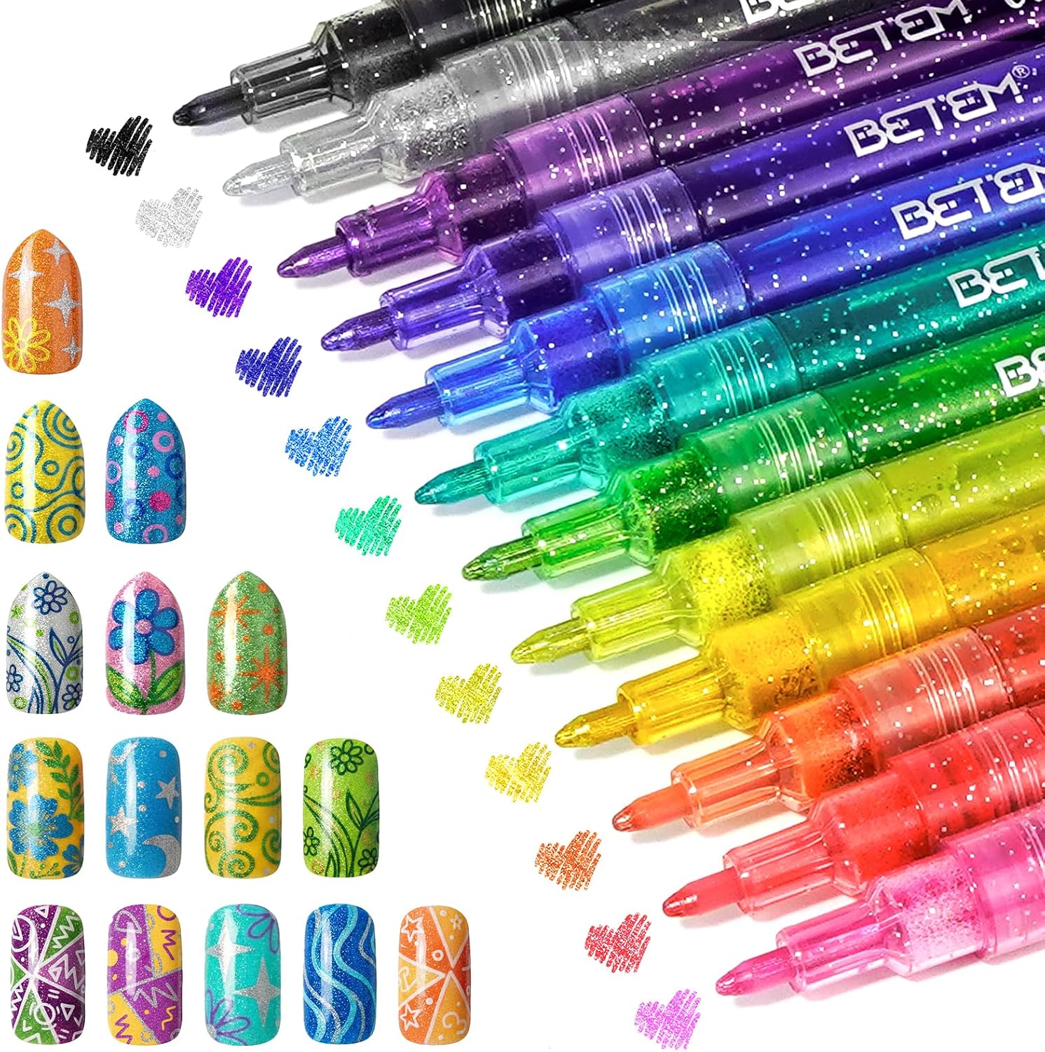 12 Colors Glitter Nail Art Pens Set, 3D Quick-Dry Water-based Ink Glitter Nail Art Markers DIY Manicure Kit for Home Salon Nail Designs, Glitter Pens Markers Nail Polish Pens Graffiti Dotting Pen
