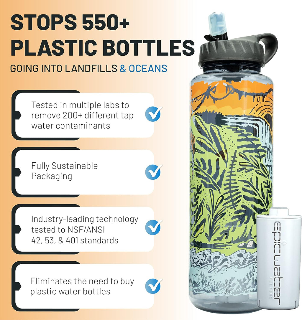 Epic Water Filters Nalgene OG Water Bottle with Filter, USA Made, BPA Free, Removes 99.99% Tap Water Contaminants, Forever Chemicals, GA 2030 Art, 48 oz