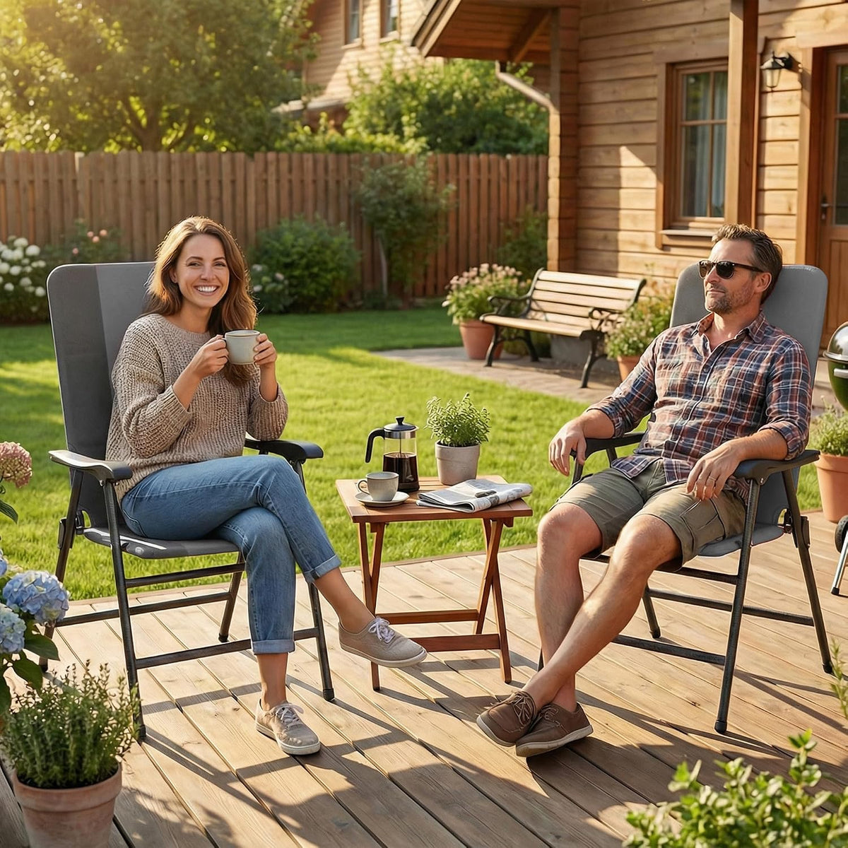 Outsunny Folding Patio Chairs Set of 2 Padded High Back Armrests Light Gray