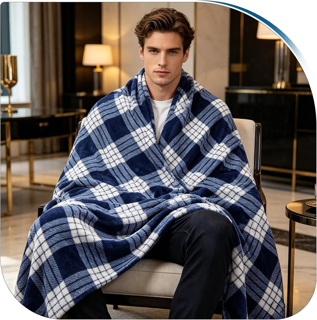 Flannel Fleece Plaid Throw Blanket with Checkerboard Grid Pattern for Bed Couch Large Soft Blanket Winter Warm Lightweight Throw(Dark Blue,50x60 Inch)