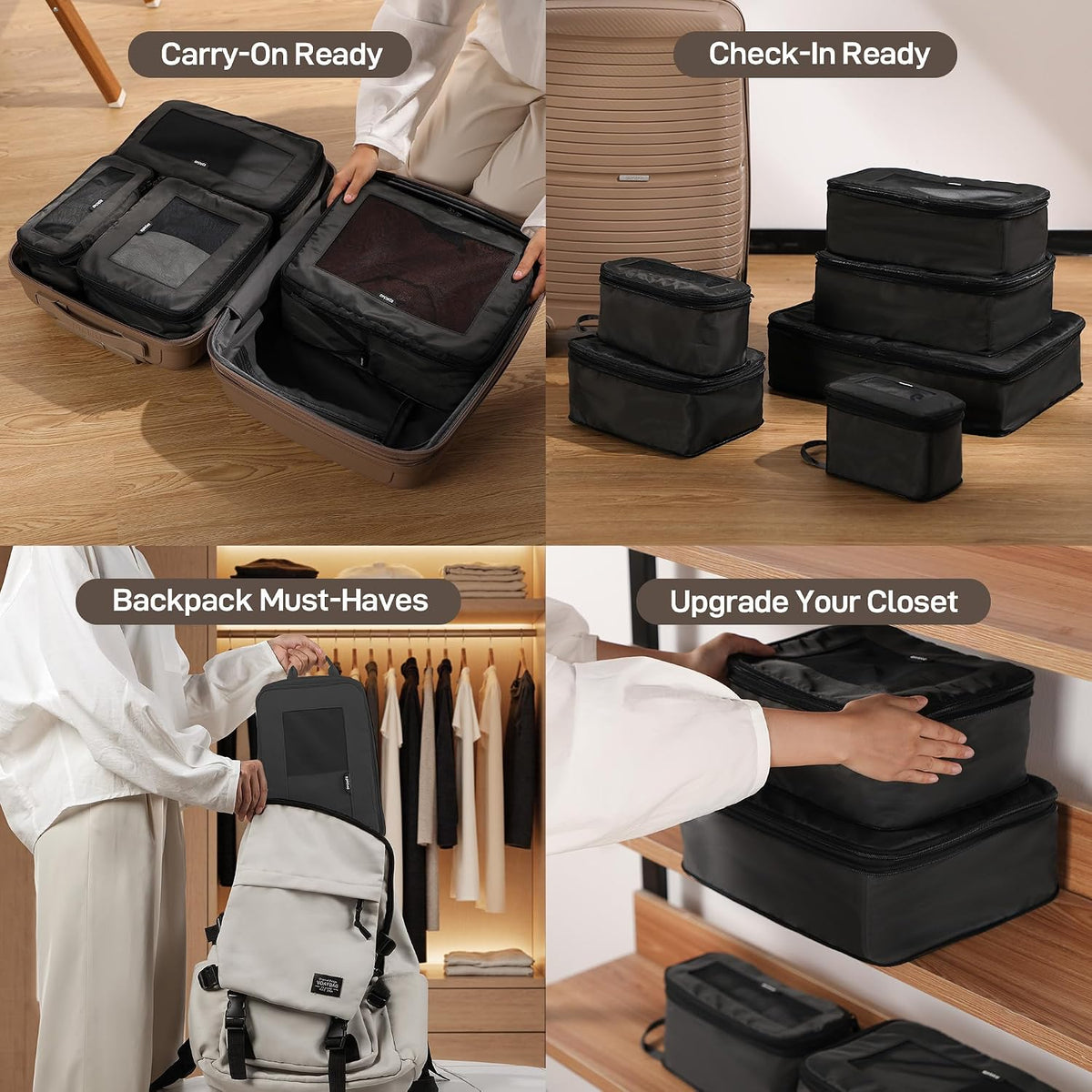 EPICKA TripCozy Compression Packing Cubes, 4 Set, Dark Grey