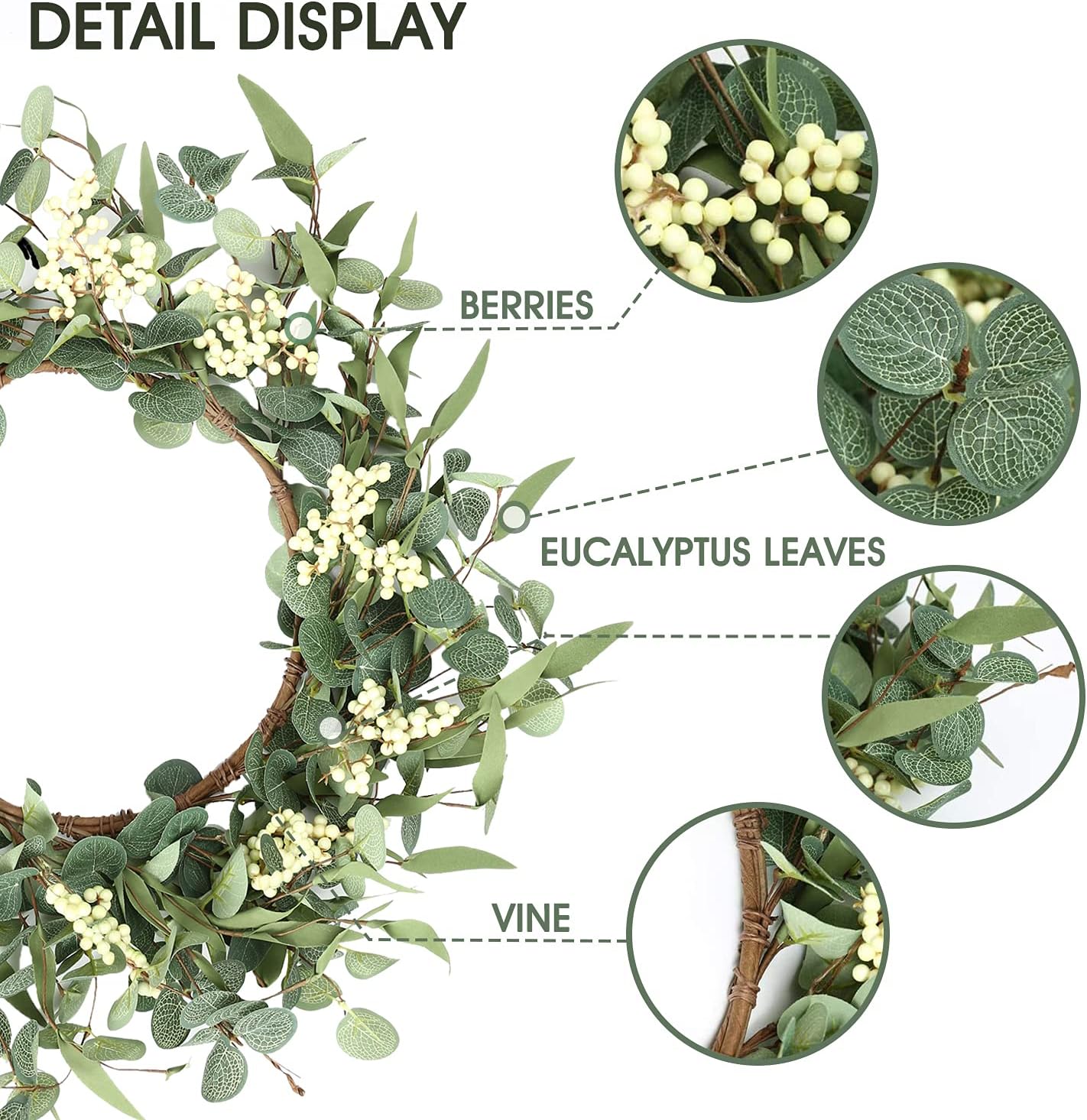 Pinkpum 20'' Eucalyptus Wreath for Front Door Porch Decor, Spring Summer