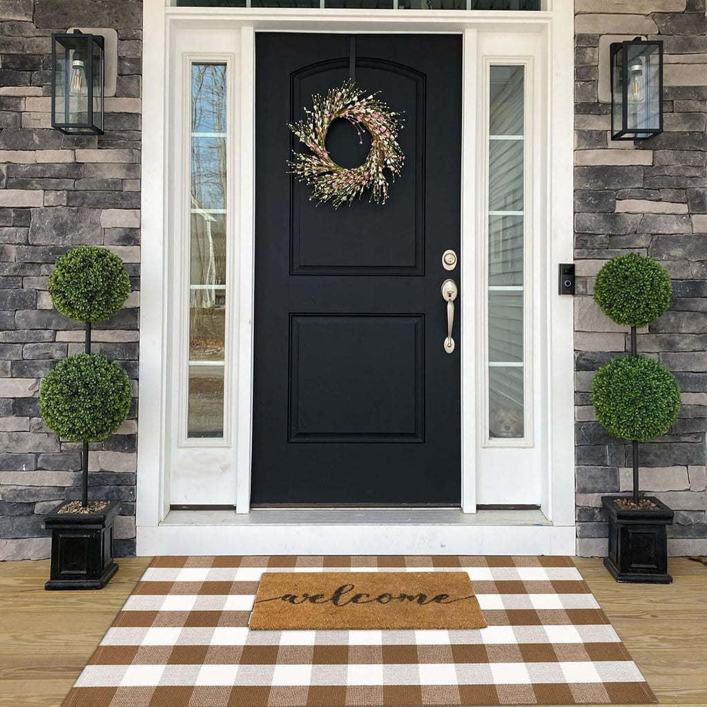 CAINANEL Fall Ourdoor Rug Farmhouse Brown and White Buffalo Check Rug Layered Welcome Door Mat for Front Porch Decor, Front Door, Farmhouse Decor(35.4''x59'', Coffee and White)