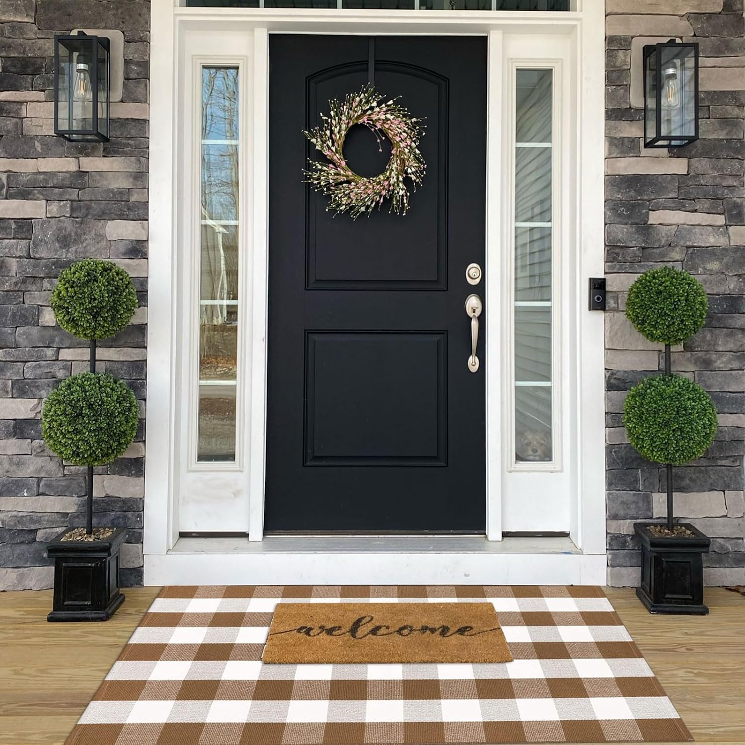 CAINANEL Fall Ourdoor Rug Farmhouse Brown and White Buffalo Check Rug Layered Welcome Door Mat for Front Porch Decor, Front Door, Farmhouse Decor(35.4''x59'', Coffee and White)