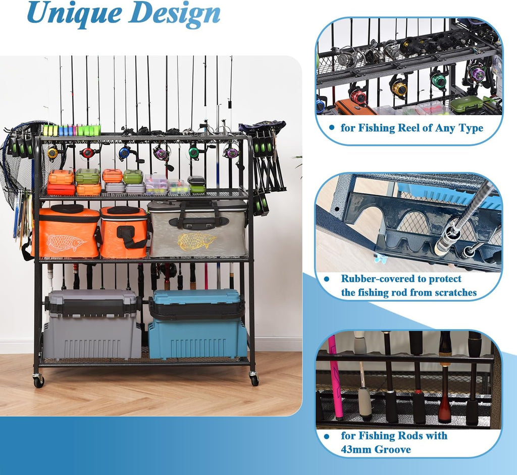 Fishing Rod Holder for Garage, Fishing Pole Holders for 15 Rods 38 * 17", Fishing Rod Rack Basement, Fishing Pole Rack Metal Black with Big Wheels, 4-Tier