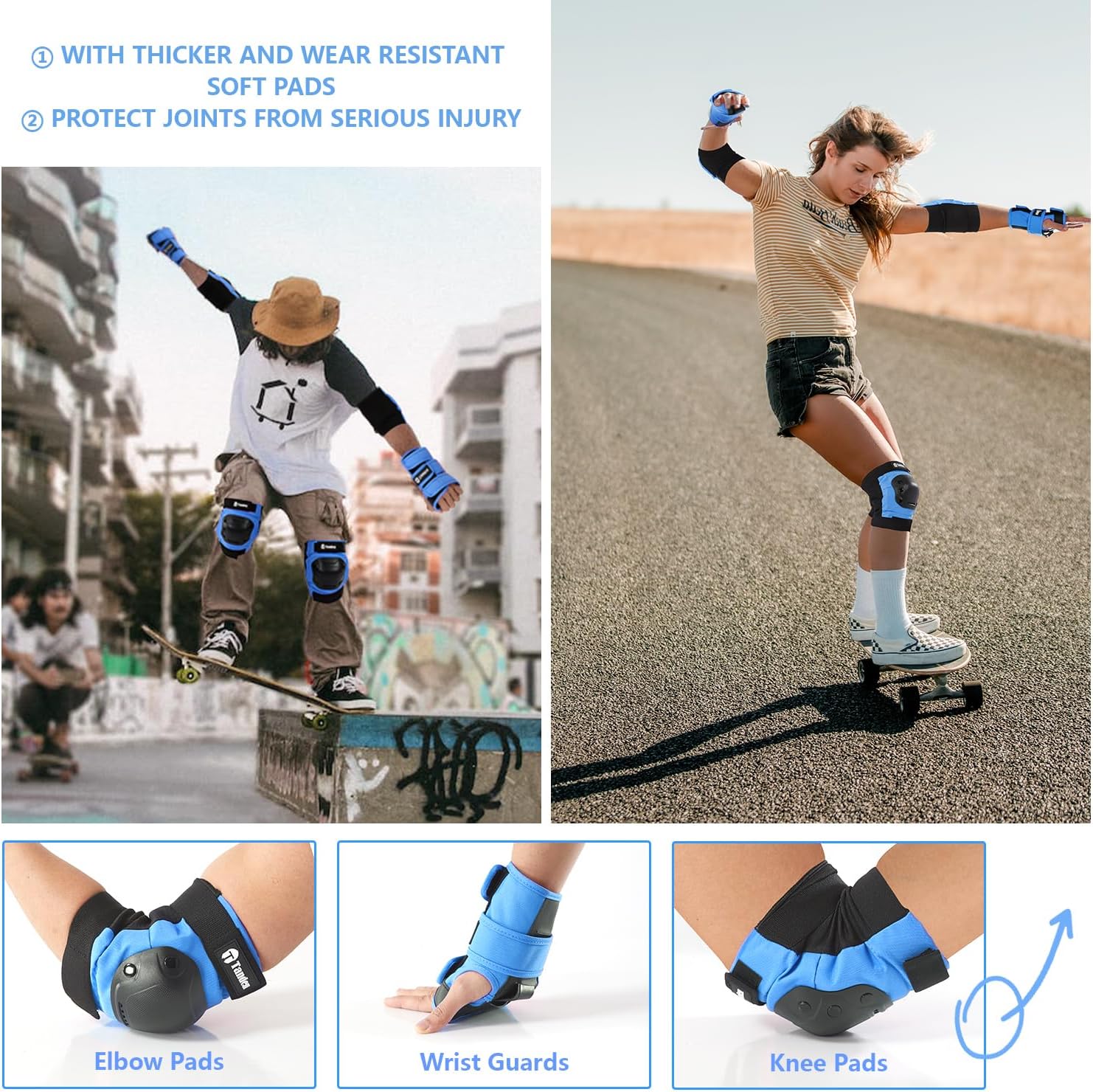 Tanden Skate Protective Gear Adult Knee Pads and Elbow Pads Set Wrist Guard
