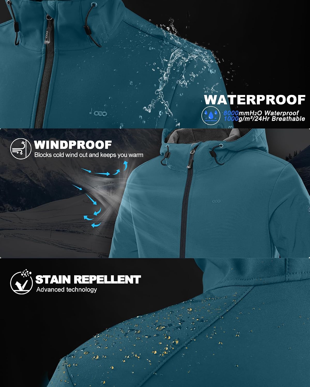 33,000ft Men's Hooded Fleece Lined Rain Shell Jacket Waterproof Lightweight