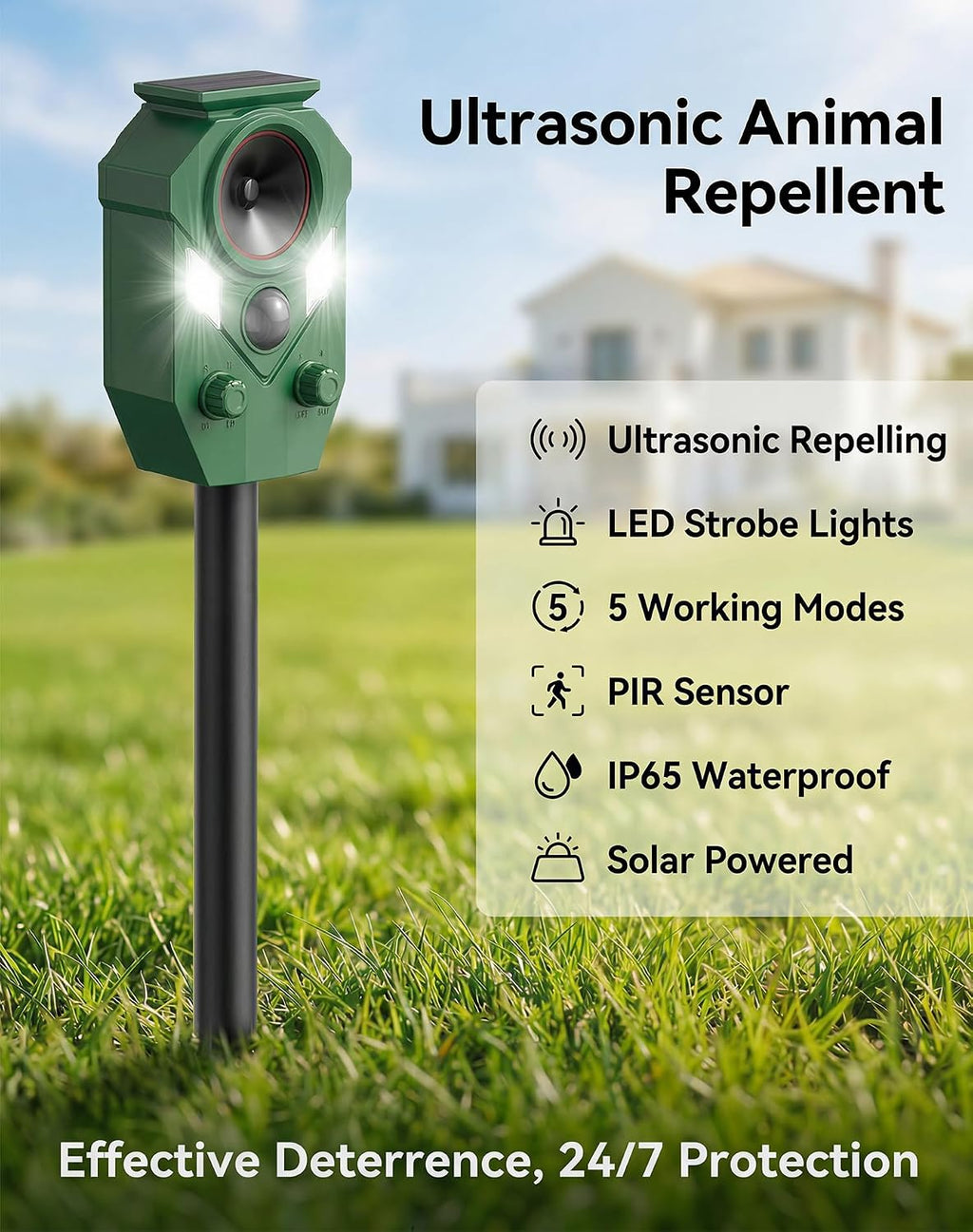 4 Pack Solar Powered Ultrasonic Animal Repellent Outdoor, Motion Activated Deer Repellent Devices with Flashing Lights, Waterproof Cat Repellent Outdoor, Repels Dog, Raccoon, Coyote for Garden & Lawn