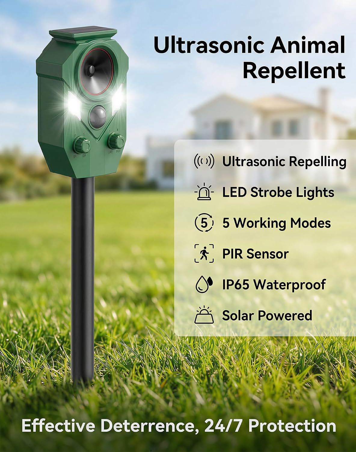 4 Pack Solar Powered Ultrasonic Animal Repellent Outdoor, Motion Activated Deer Repellent Devices with Flashing Lights, Waterproof Cat Repellent Outdoor, Repels Dog, Raccoon, Coyote for Garden & Lawn