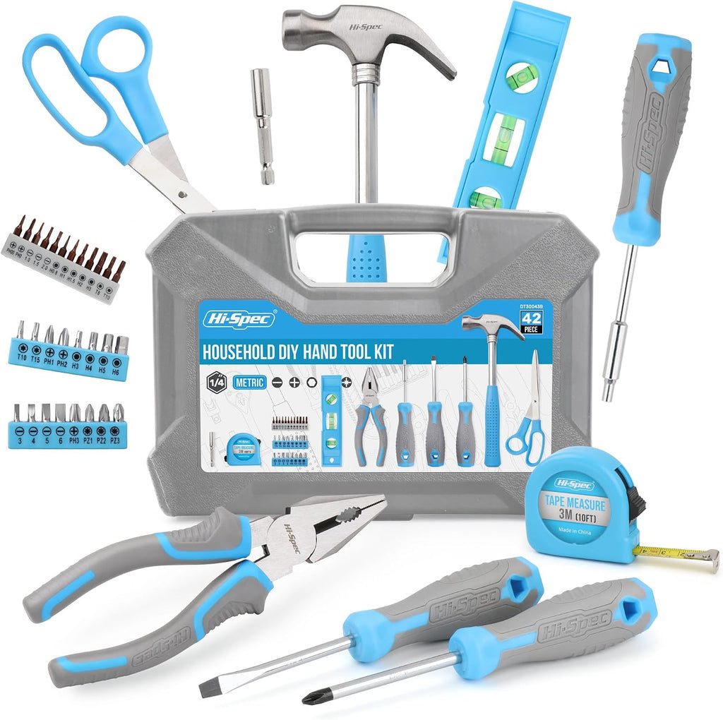 Hi-Spec Household Starter Tool Set with Carry Toolbox for Dorms, Blue