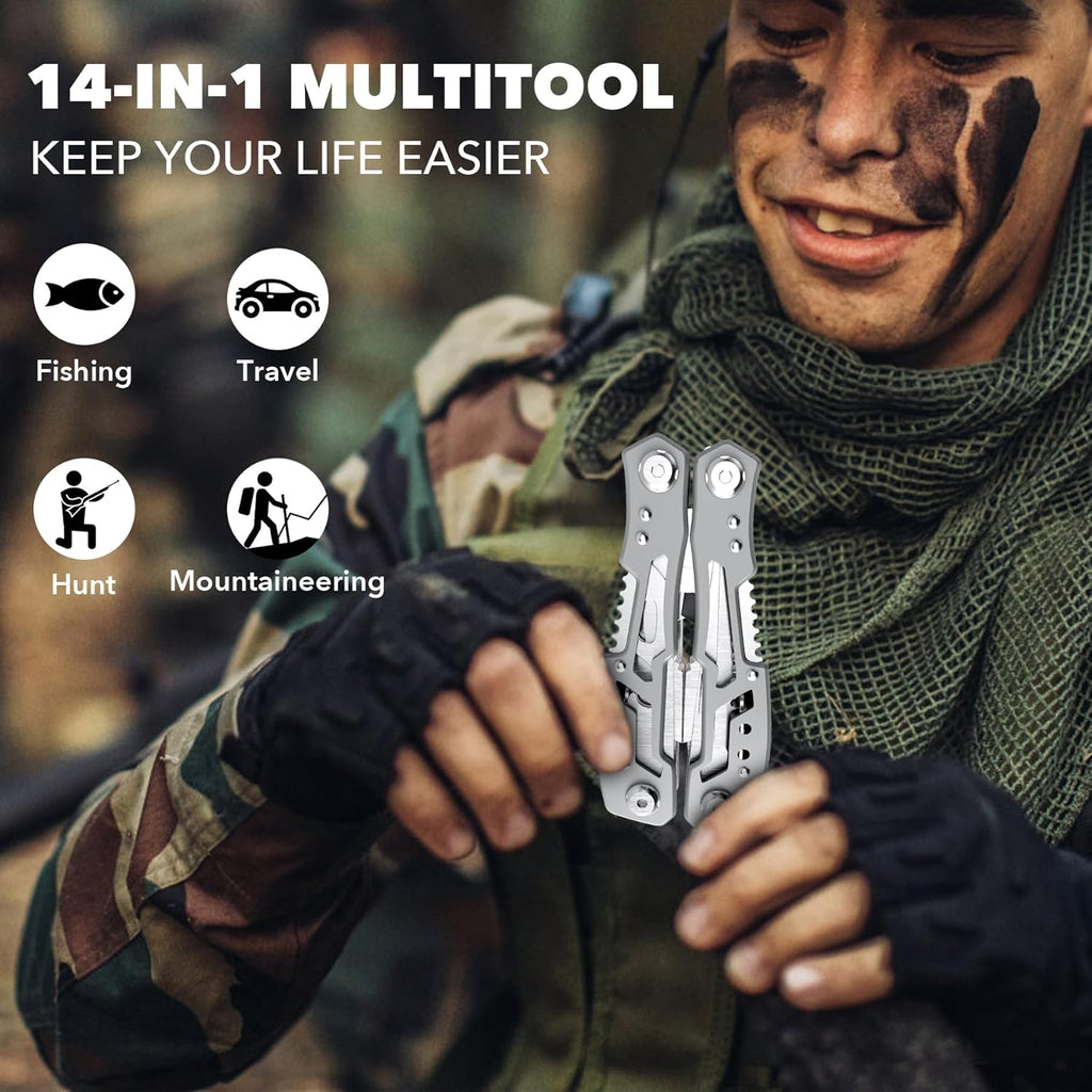 14-In-1 Multitool Pliers，Premium Portable Multi Tool ，with Safety Locking Professional Stainless Steel Multitool Pliers Pocket Knife,Apply to Survival, Camping,