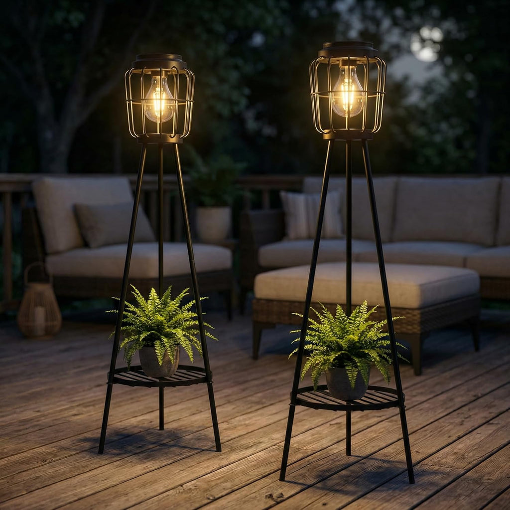VISFLAIR Solar Lights with Plant Stand, Outdoor Floor Lamp, Waterproof Solar LED Edison Bulb Light Flower Shelf for Patio Porch Deck Yard Garden Decor-1 Pack