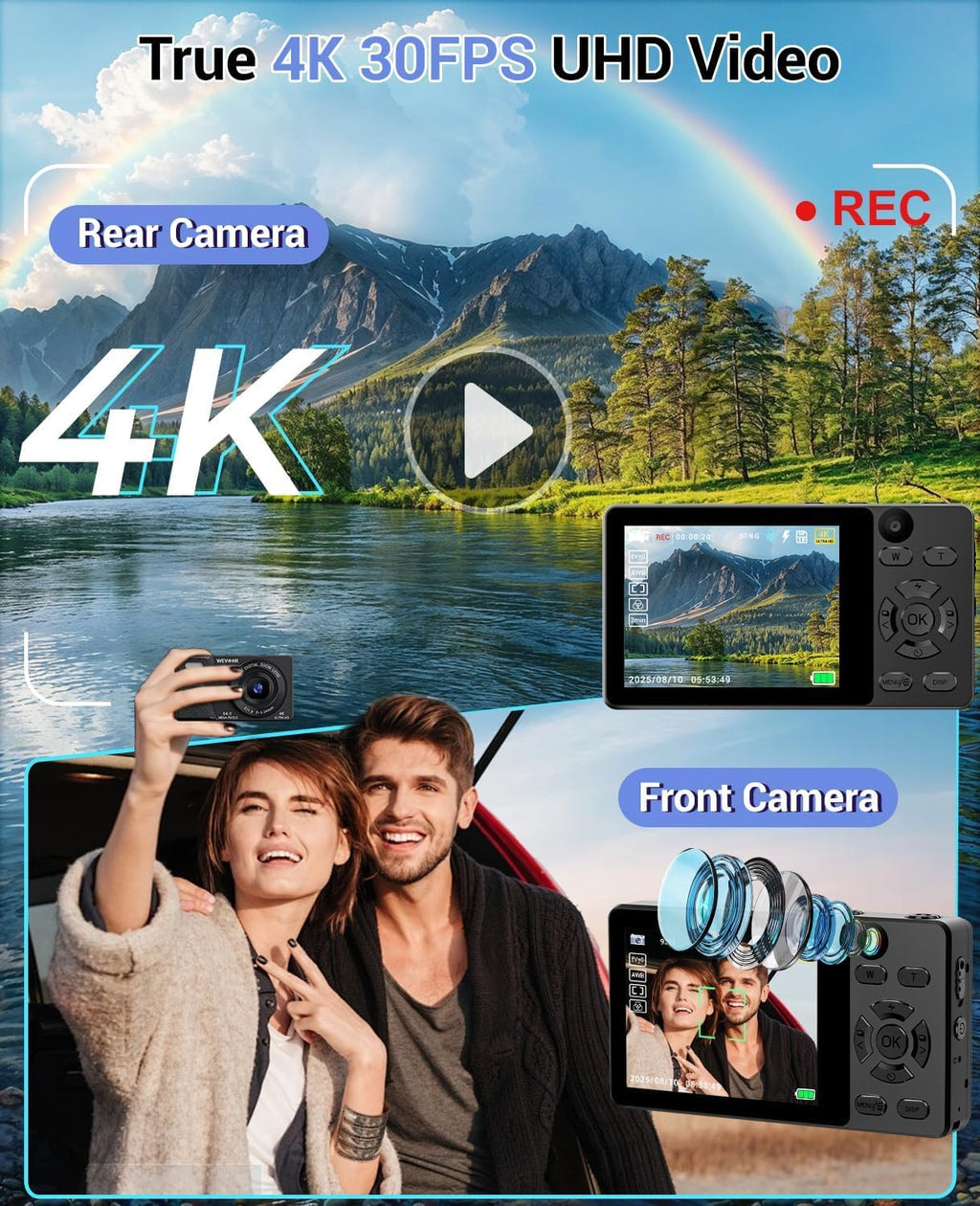 4K Digital Camera for Photography- 64MP Autofocus Vlogging Camera with Dual Lens, 18X Digital Zoom- Small Point and Shoot Camera with Card and 2000mAh for YouTube, Travel, Beginners (Black)