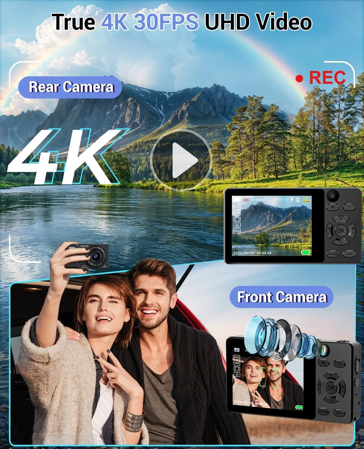 4K Digital Camera for Photography- 64MP Autofocus Vlogging Camera with Dual Lens, 18X Digital Zoom- Small Point and Shoot Camera with Card and 2000mAh for YouTube, Travel, Beginners (Black)