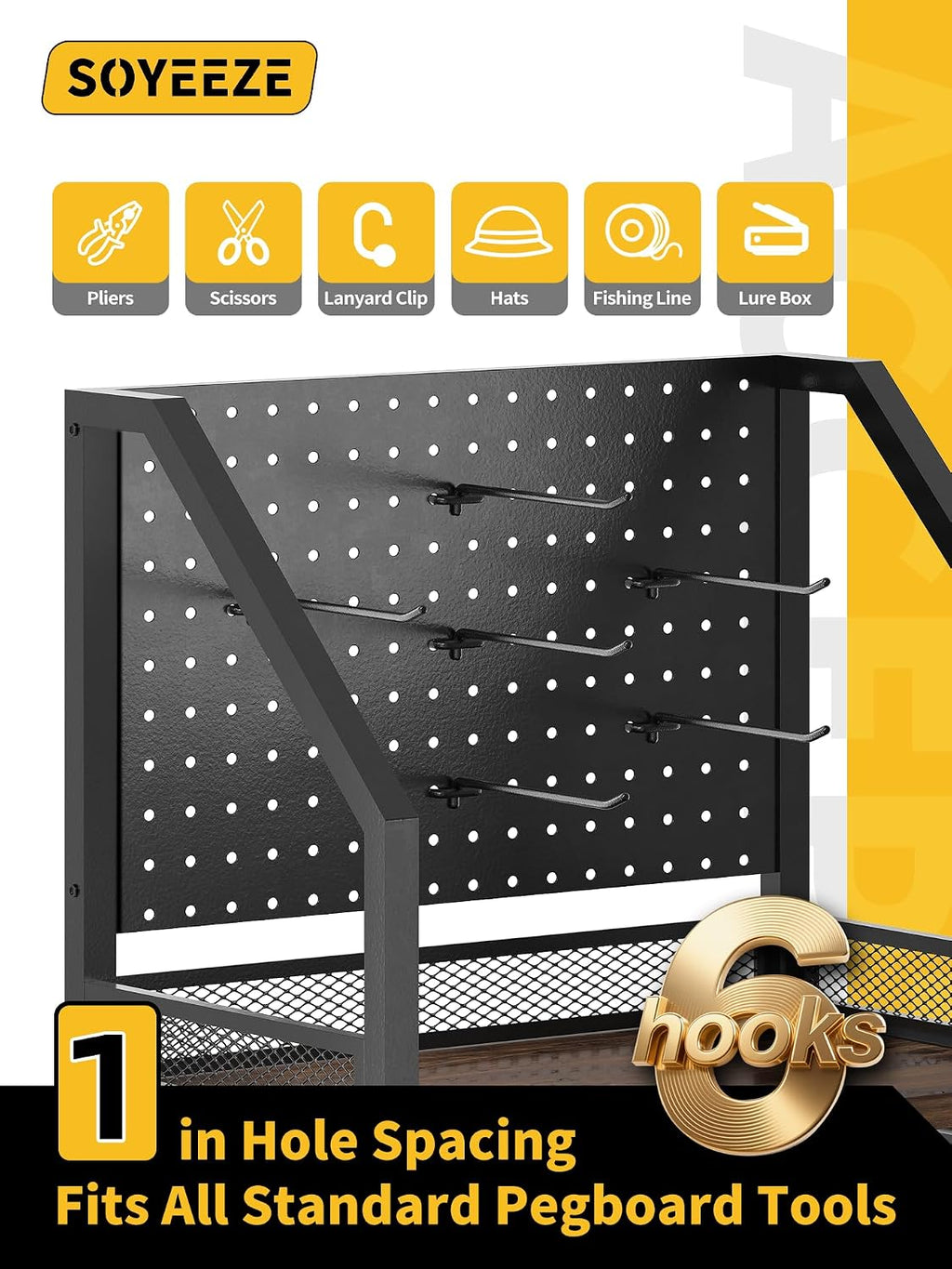SOYEEZE Fishing Rod Holders for Garage, Fishing Pole Holders Up to 12 Rods with Pegboard and Hooks,Rolling Fishing Cart with Wheels, Fishing Gear Storage For Tackle Box & Reel Organization-6 Hooks