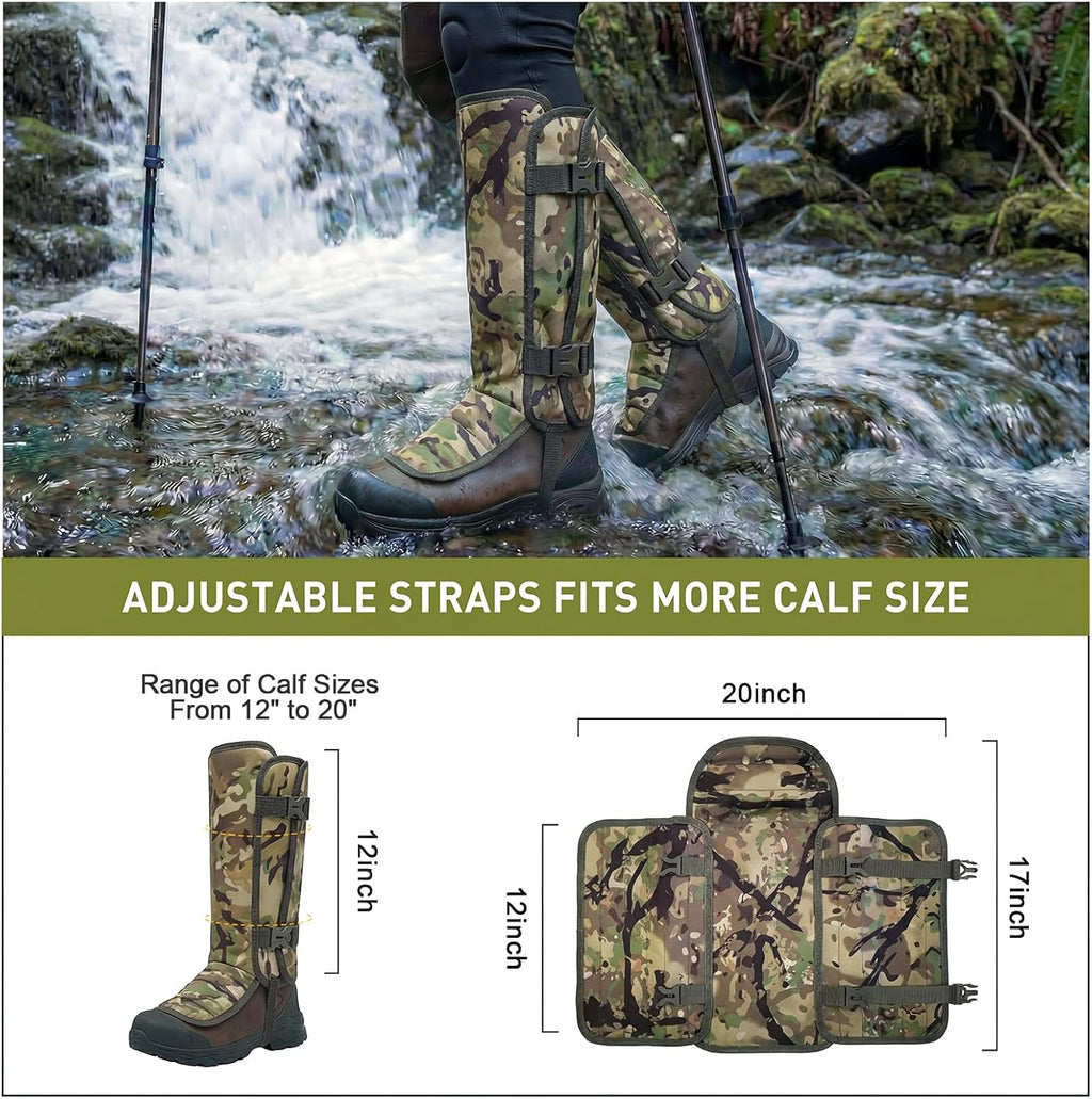 LOOGU Snake Gaiters, Waterproof Oxford Leg Guards with 12 Individual PE Boards, Curved Upper, Reinforced Instep Strap, Adjustable Double Buckles, Camo for Hunting Hiking Trekking