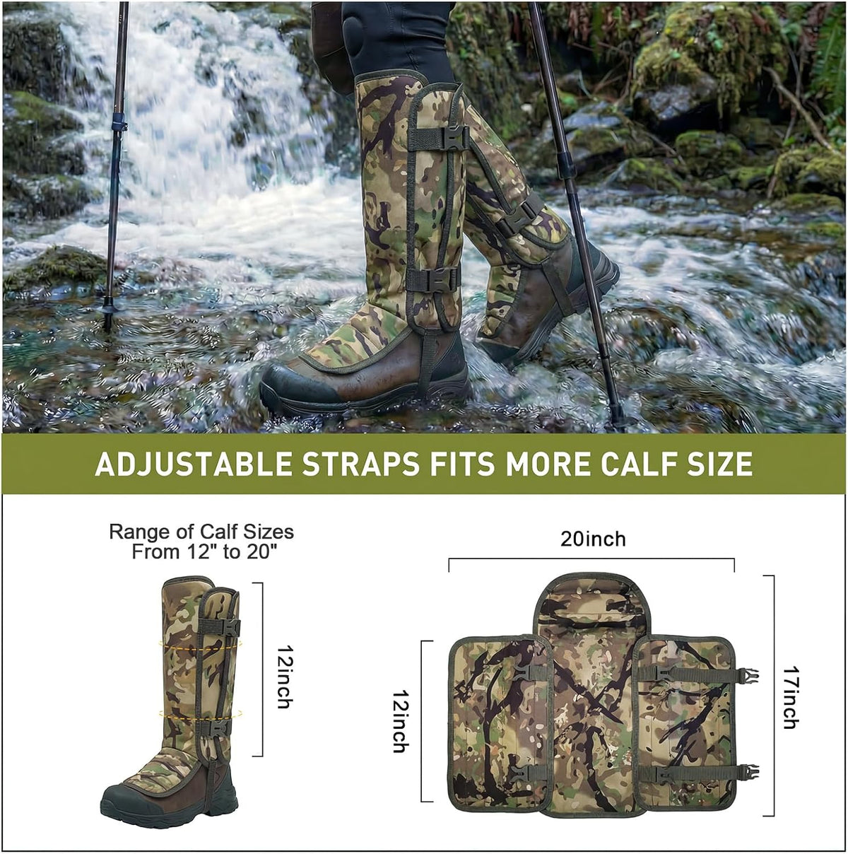 LOOGU Snake Gaiters, Waterproof Oxford Leg Guards with 12 Individual PE Boards, Curved Upper, Reinforced Instep Strap, Adjustable Double Buckles, Camo for Hunting Hiking Trekking