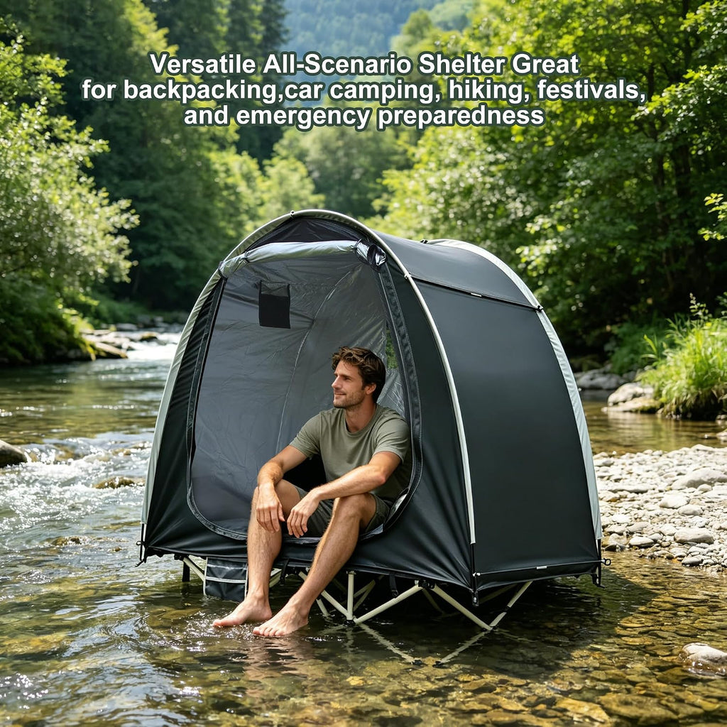 1 Person Solo Cot Tent (Bed Not Included), 210D Silver Fabric, Waterproof, Compact Portable Camping Shelter