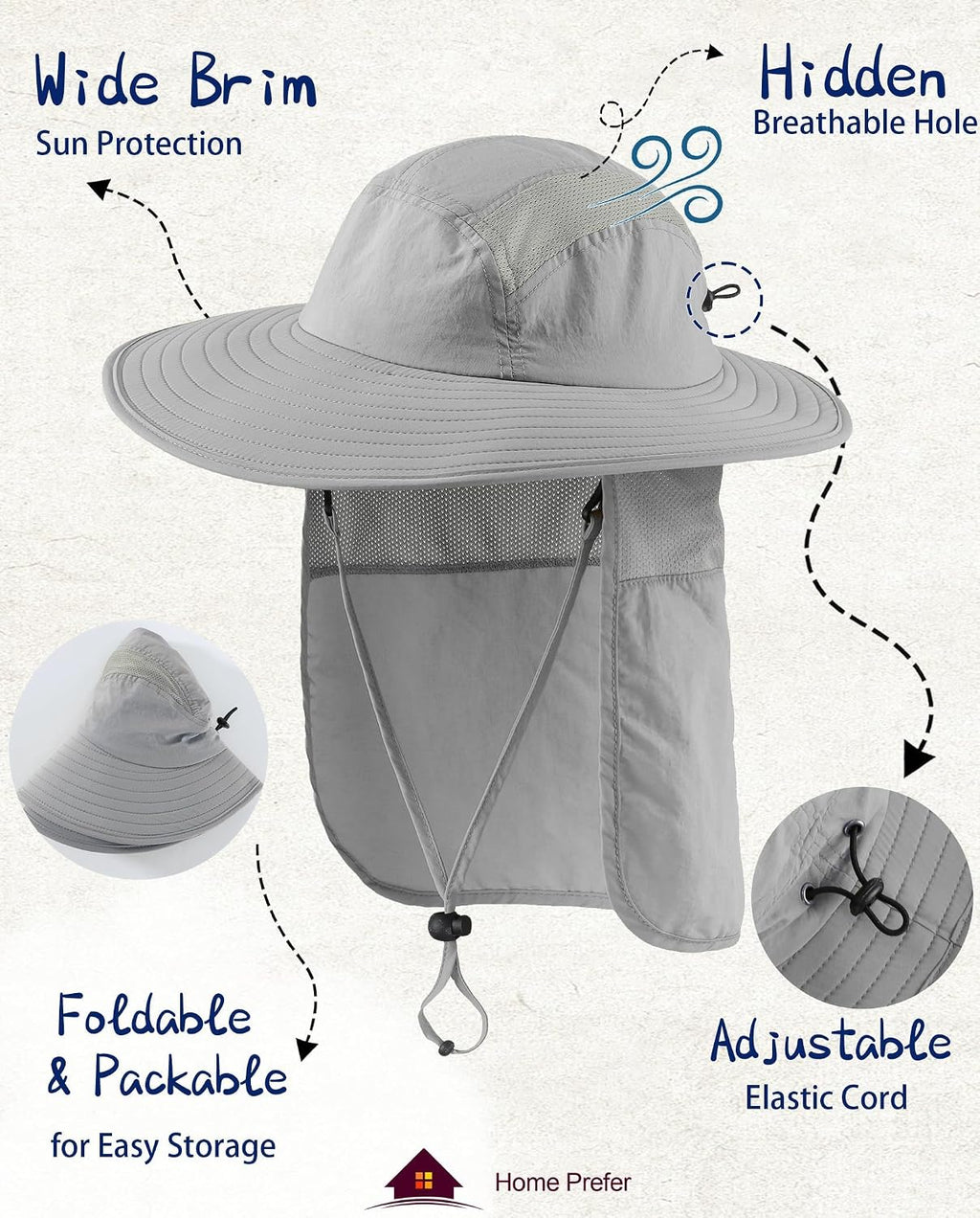 Home Prefer UPF 50+ Sun Hat with Neck Flap Wide Brim Fishing Hat for Men