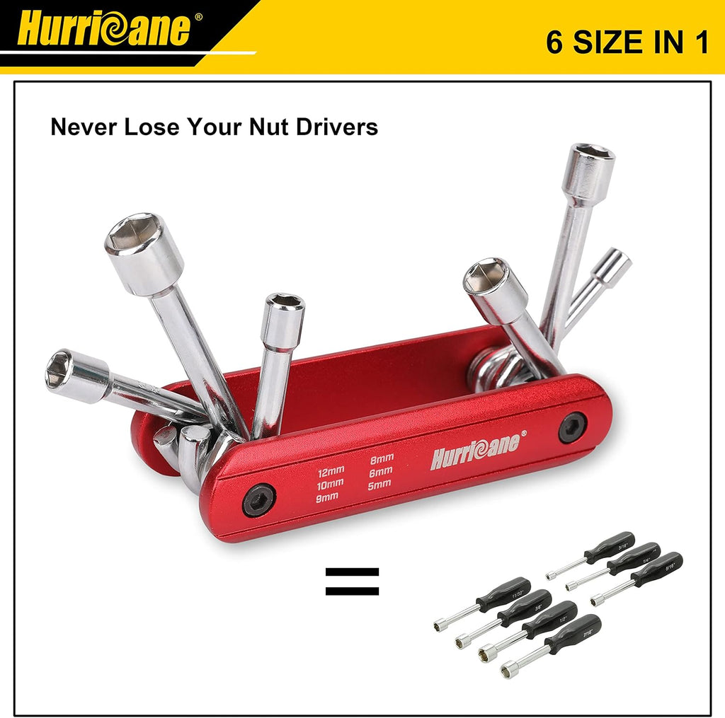 HURRICANE 6 in 1 Folding Nut Driver Set Metric, Hex Nut Driver Set, Folding Socket Wrench, Cr-V Steel Shank, Portable Premium Aluminum Handle. Easy to Carry Out. 5mm, 6mm, 8mm, 9mm, 10mm, 12mm