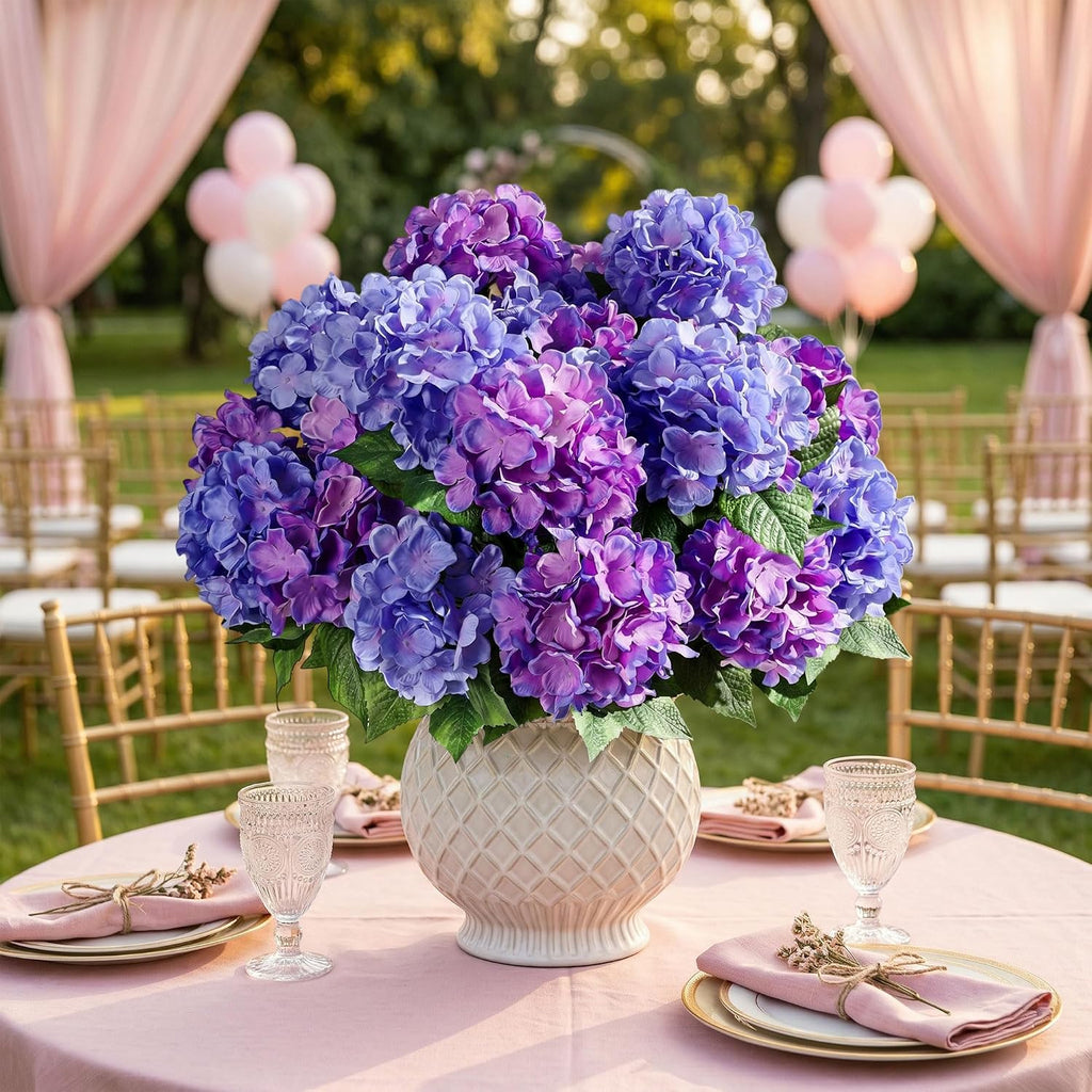 Ivydale Artificial Flowers for Outdoors, 4 PCS Purple Blue Fake Silk Hydrangea Flower Stems for Bouquets UV Resistant Realistic Faux Plants Home Outdoor Wedding Party Centerpieces Decor