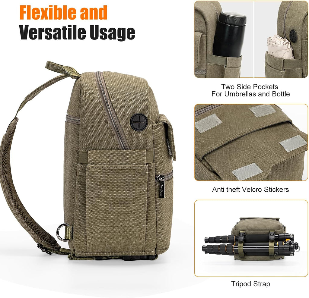 Cwatcun Large Canvas Sling Bag, Crossbody Chest Bag with Tripod Holder