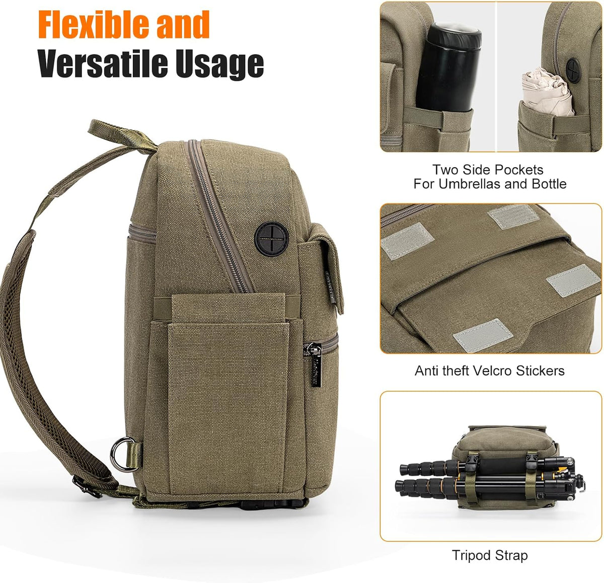 Cwatcun Large Canvas Sling Bag, Crossbody Chest Bag with Tripod Holder