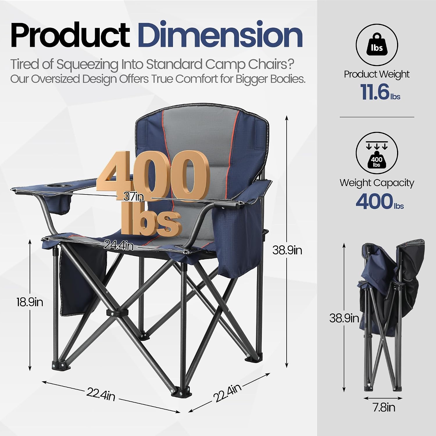 WEIDIORME 2 Pack Heavy Duty Oversized Camping Chair for Adults 400lbs w/Lumbar Support - Folding Chairs with Side Pocket, Cup Holder & Cooler Bag for Beach, Fishing, Lawn, Backyard Navy Blue