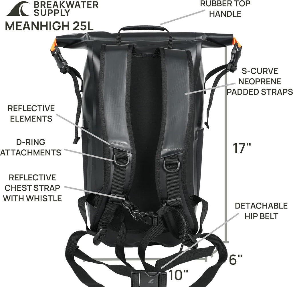 Breakwater Supply™ Meanhigh Dry Bag Waterproof Rolltop Backpack, 25L, Medium/Large, for Water Sports, Moto, Hiking, Camping, with Lightweight Fast-Drying Padding (Black)