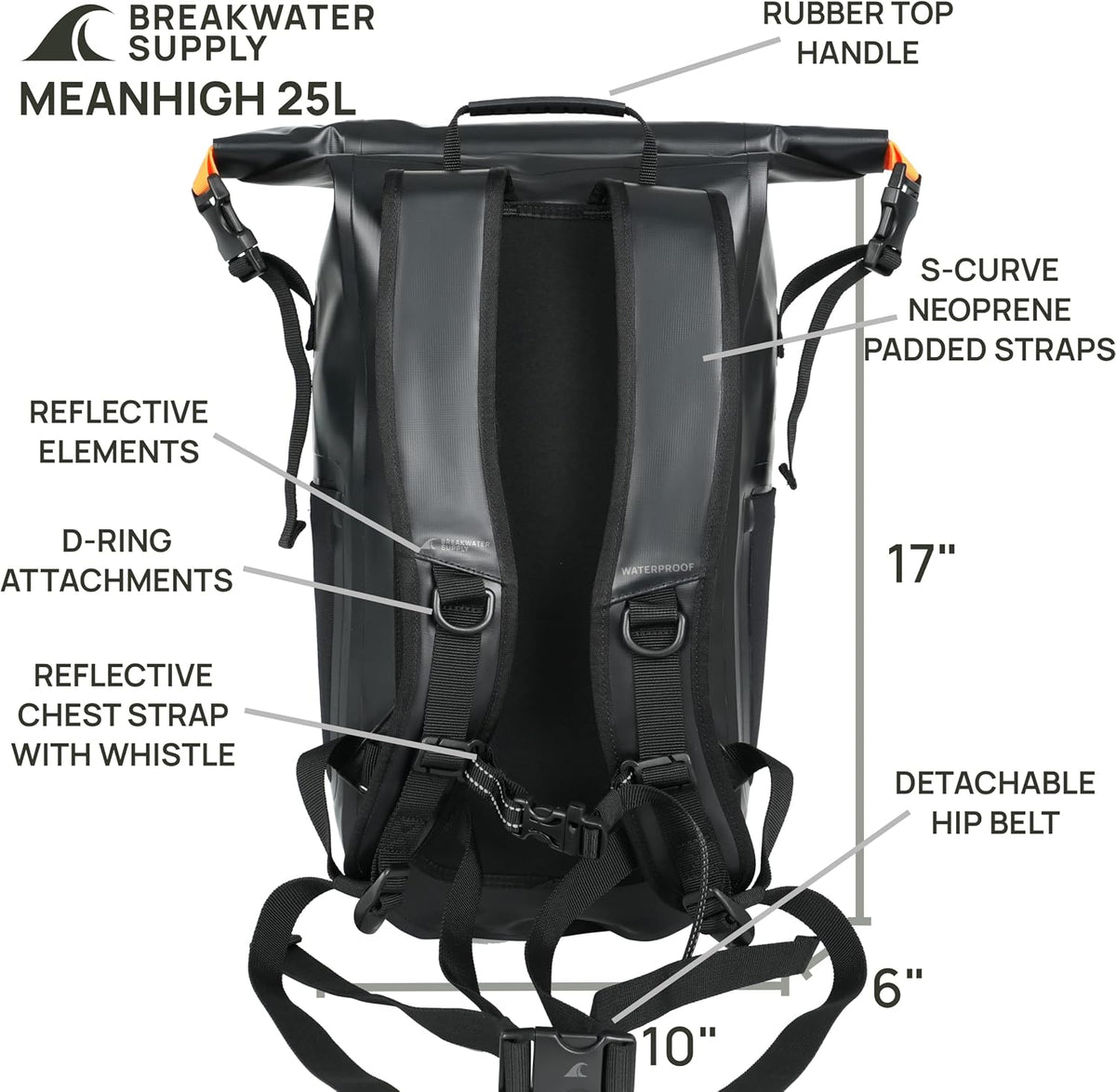 Breakwater Supply™ Meanhigh Dry Bag Waterproof Rolltop Backpack, 25L, Medium/Large, for Water Sports, Moto, Hiking, Camping, with Lightweight Fast-Drying Padding (Black)