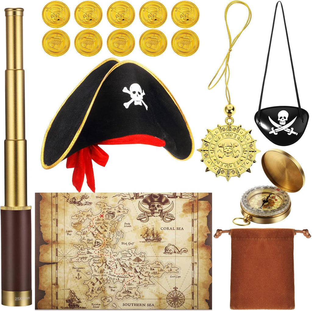 17 Piece Pirate Monocular Telescope Pirate Treasure Map Eye Patch Hat Pocket Compass Necklace Plastic Coins with Velvet Bag for Party Supplies