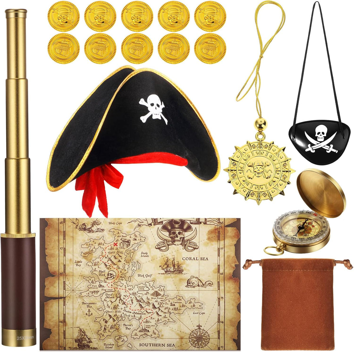 17 Piece Pirate Monocular Telescope Pirate Treasure Map Eye Patch Hat Pocket Compass Necklace Plastic Coins with Velvet Bag for Party Supplies