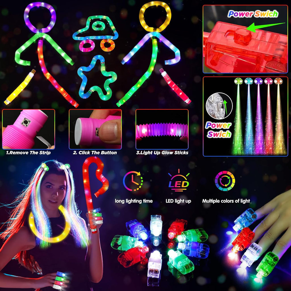 SHQDD Party Supplies, Glow in the Dark Party Favors for Adults Kids, 27 Carnival Accessories, 56 LED Light Up Toys Bulk, 100 Glow Sticks Party Pack, Neon Party Supplies & Decorations