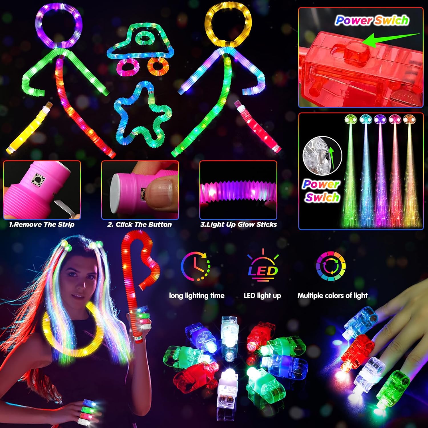 SHQDD Party Supplies, Glow in the Dark Party Favors for Adults Kids, 27 Carnival Accessories, 56 LED Light Up Toys Bulk, 100 Glow Sticks Party Pack, Neon Party Supplies & Decorations