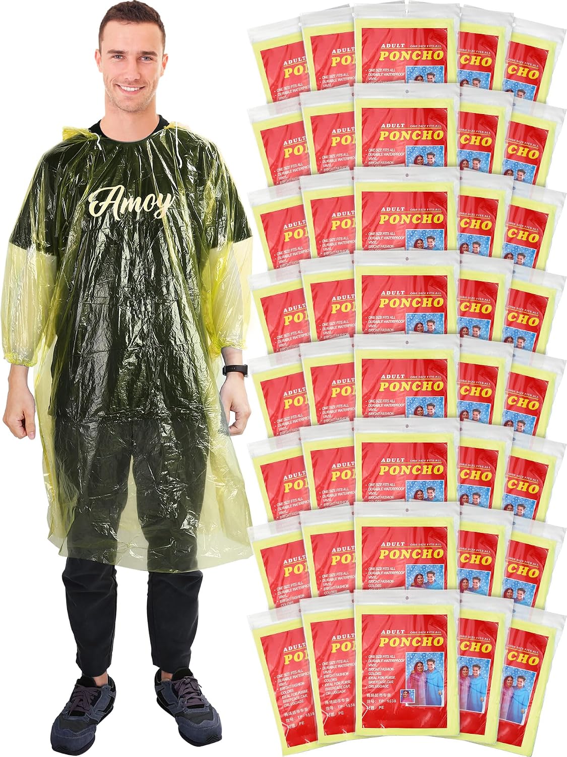 Tarpop 40 Pack Disposable Rain Ponchos Adult Drawstring Hood