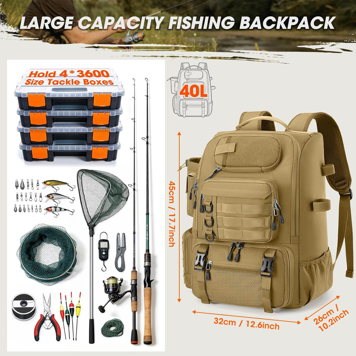 RAINSMORE Fishing Backpack 40L Tackle Backpack with Rod Holders & Cooler