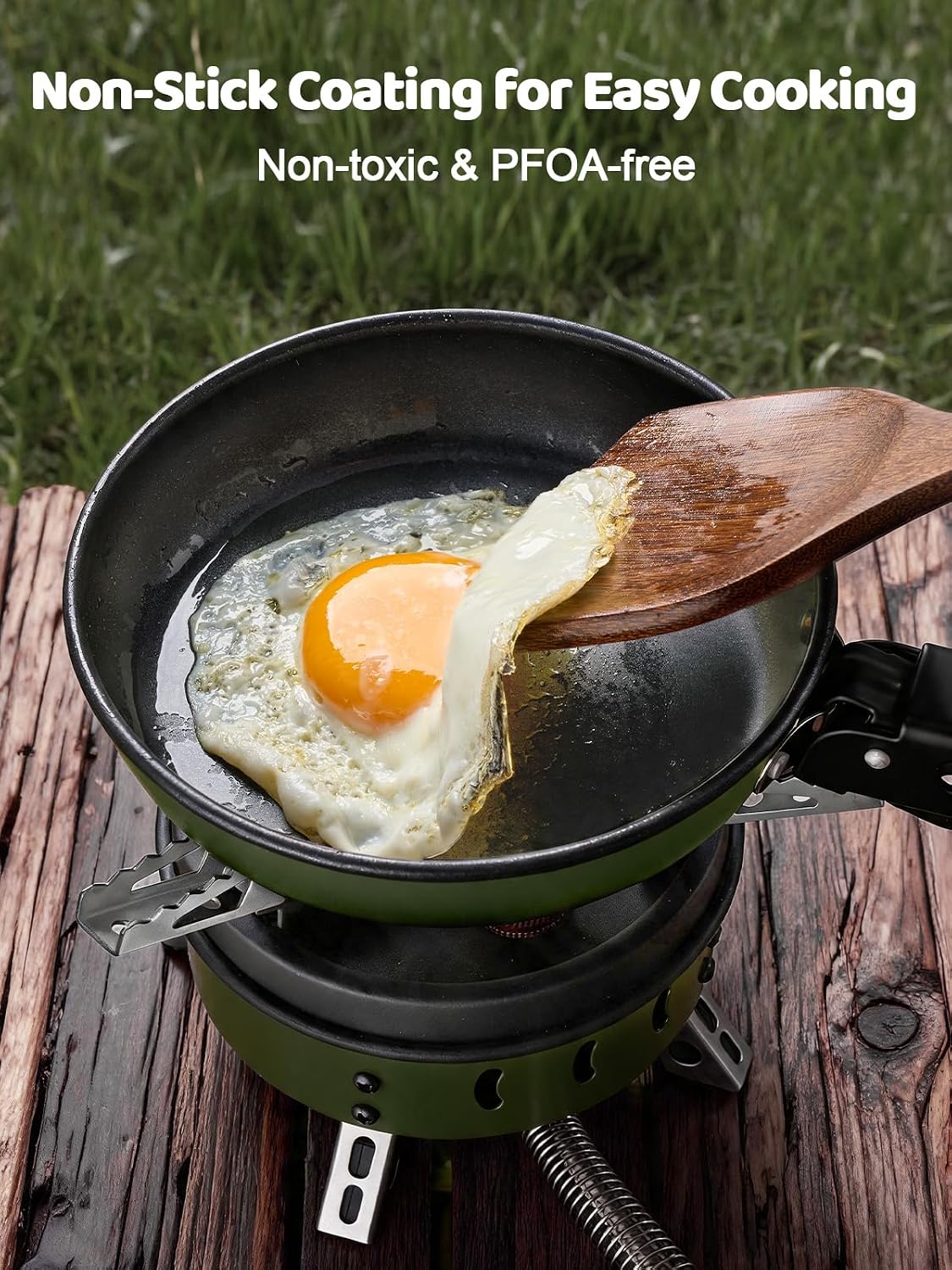 Odoland 5pcs Camping Cookware Non-Stick Camping Pot and Pan Set with Kettle and Removable Handle for Hiking Backpacking and Picnic