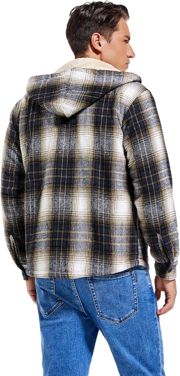 Men's Zip Up Flannel Shirt Jacket Fleece Lined with Hood