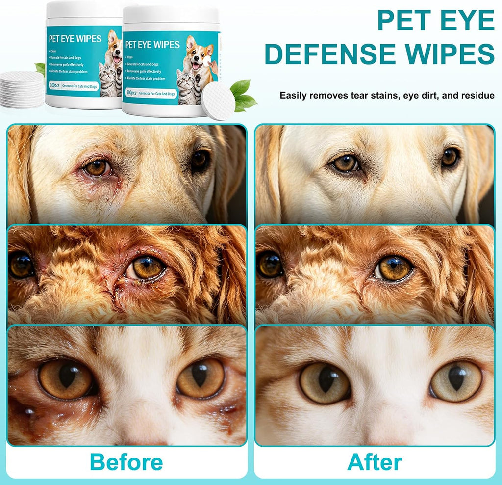 Dog Eye Wipes, Pet Eye Defense Wipes for Daily Cleaning, Tear Stain Remover with Chamomile & Aloe, Pre-Soaked Unscented for Sensitive Eyes, Gentle Texture (2Pcs)