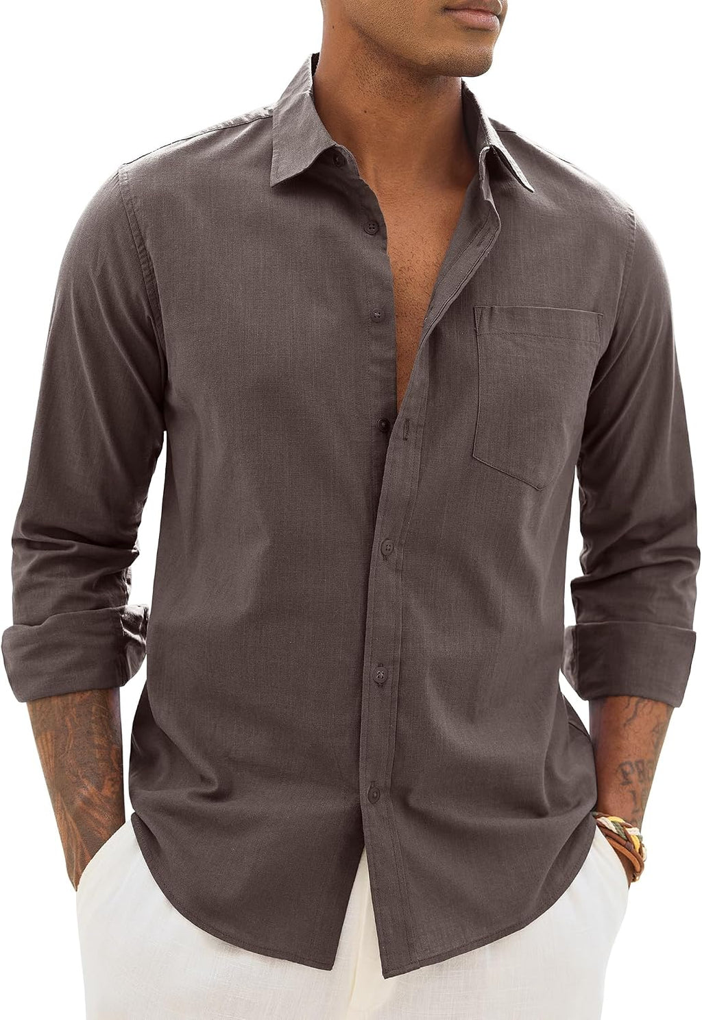 Alimens & Gentle Mens Linen Textured Shirt Long Sleeve Summer Beach Tops