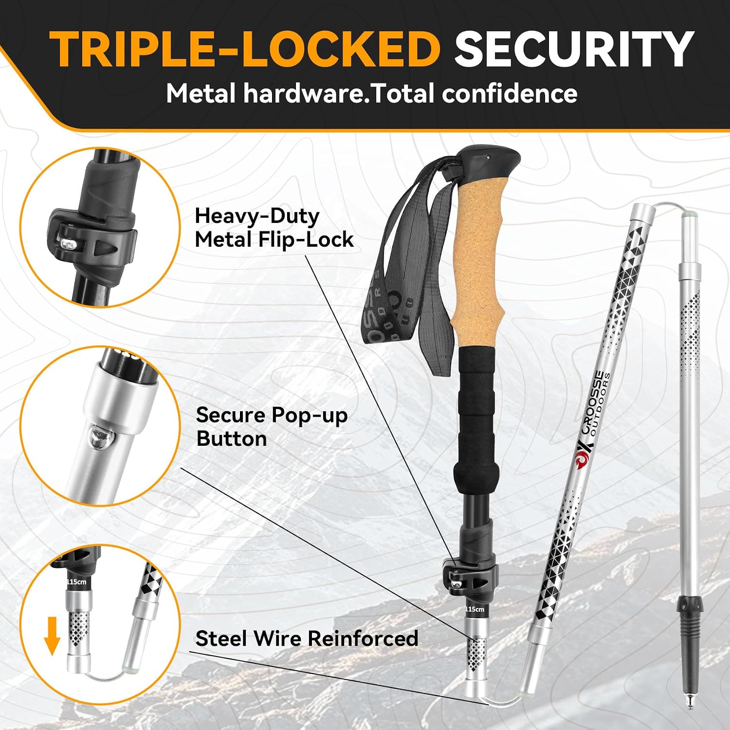 Cork Grip Collapsible Hiking Poles, Trekking Poles for Hiking, Lightweight