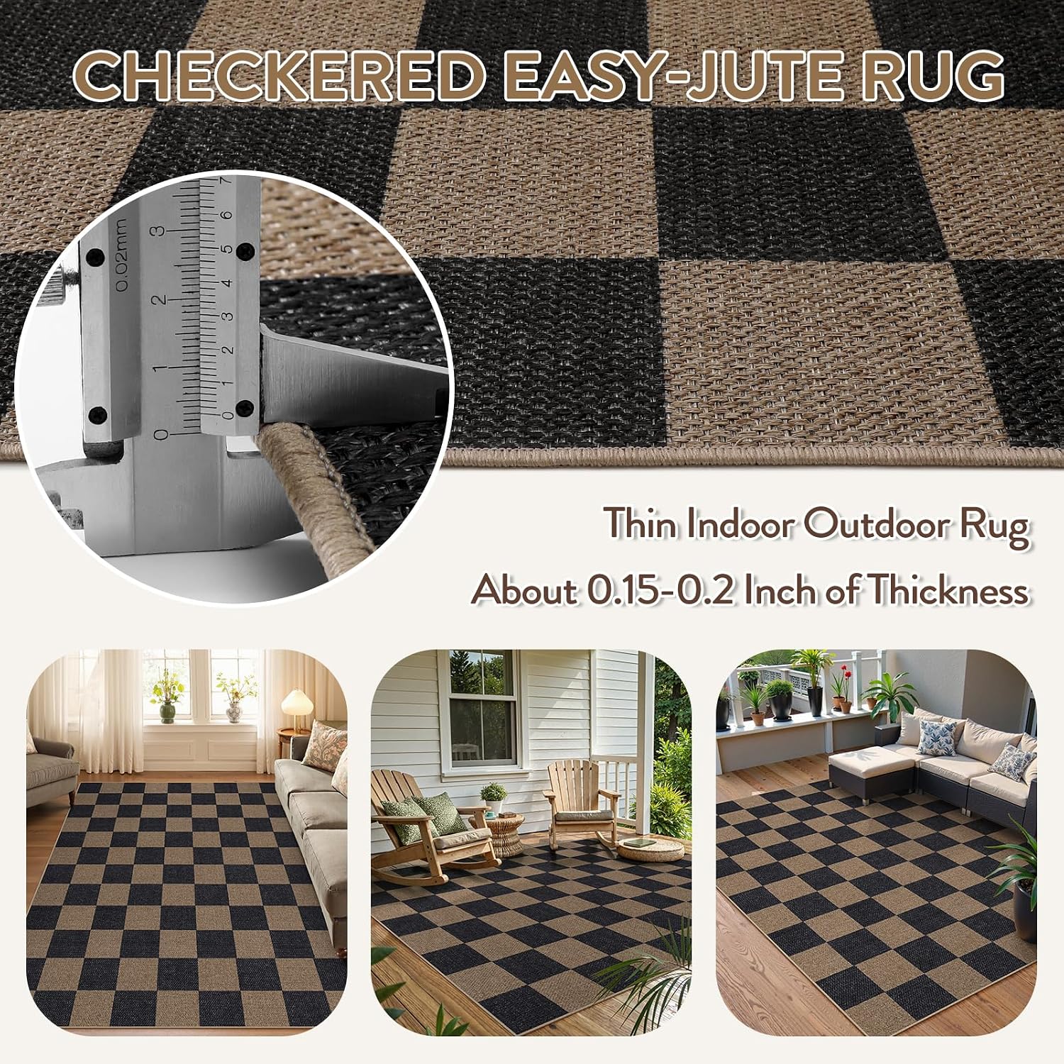 Lahome Checkered Easy Jute Living Room Rugs, 5x7 Outdoor Patio Rug Washable