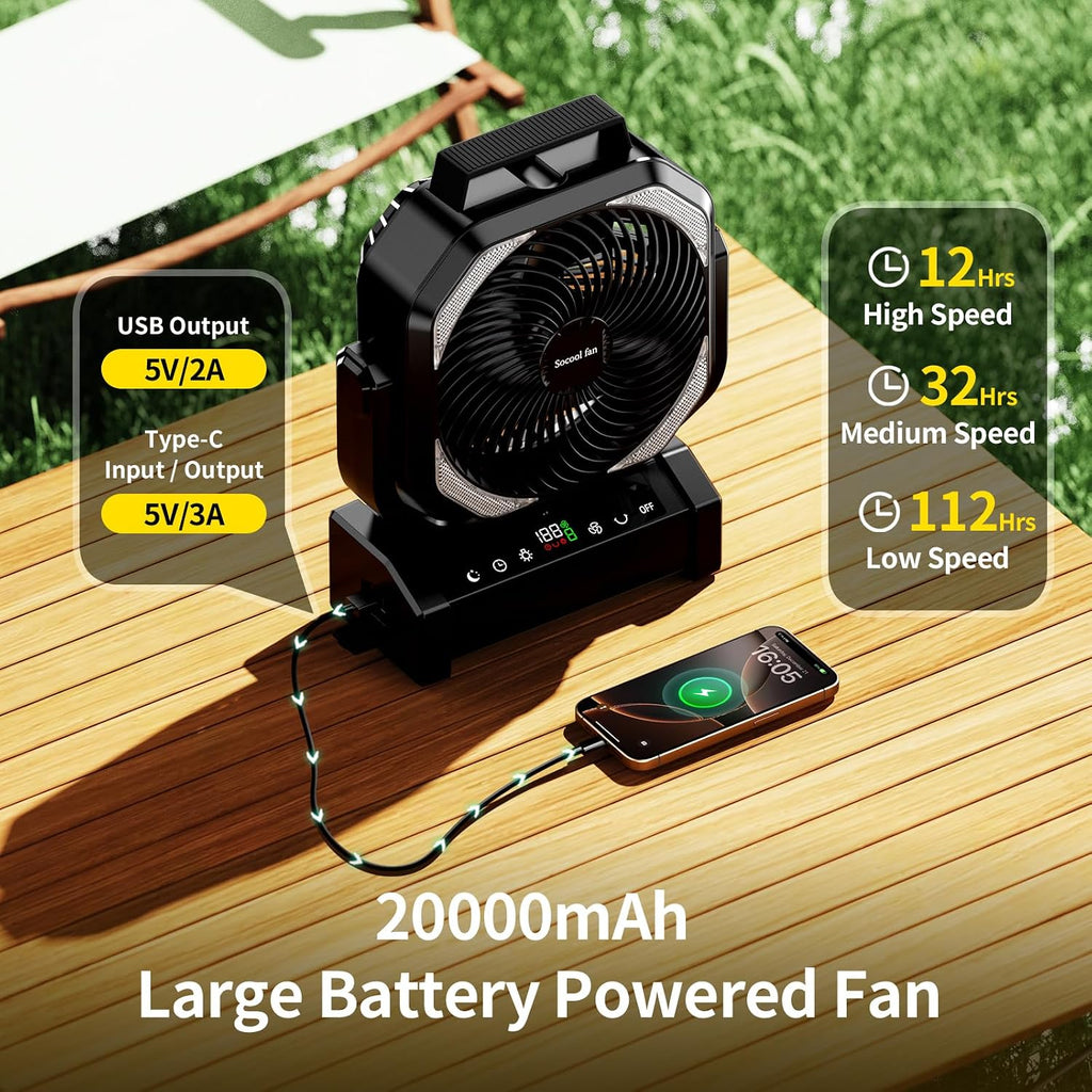 Socool Camping Fan with Light, 20000mAh Rechargeable Battery Fan with Remote, 112Hrs & 8 Speeds, Digital Display, Timer, Auto Oscillation, 270° Pivot & Hook for Outdoor Tent, Hurricane, Power Outage