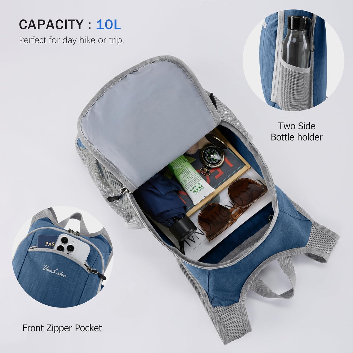 Uselike 10L Small Hiking Backpack Travel Daypack Lightweight Packable Back Pack for Women Men(Navy Blue)