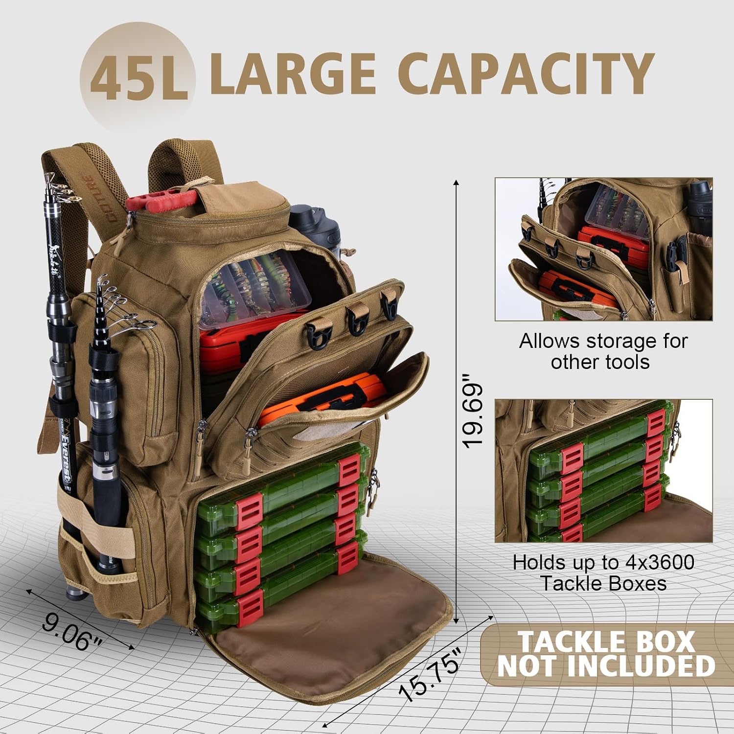 Goture Fishing Tackle Backpack with 2 Rod Holders & Rain Cover