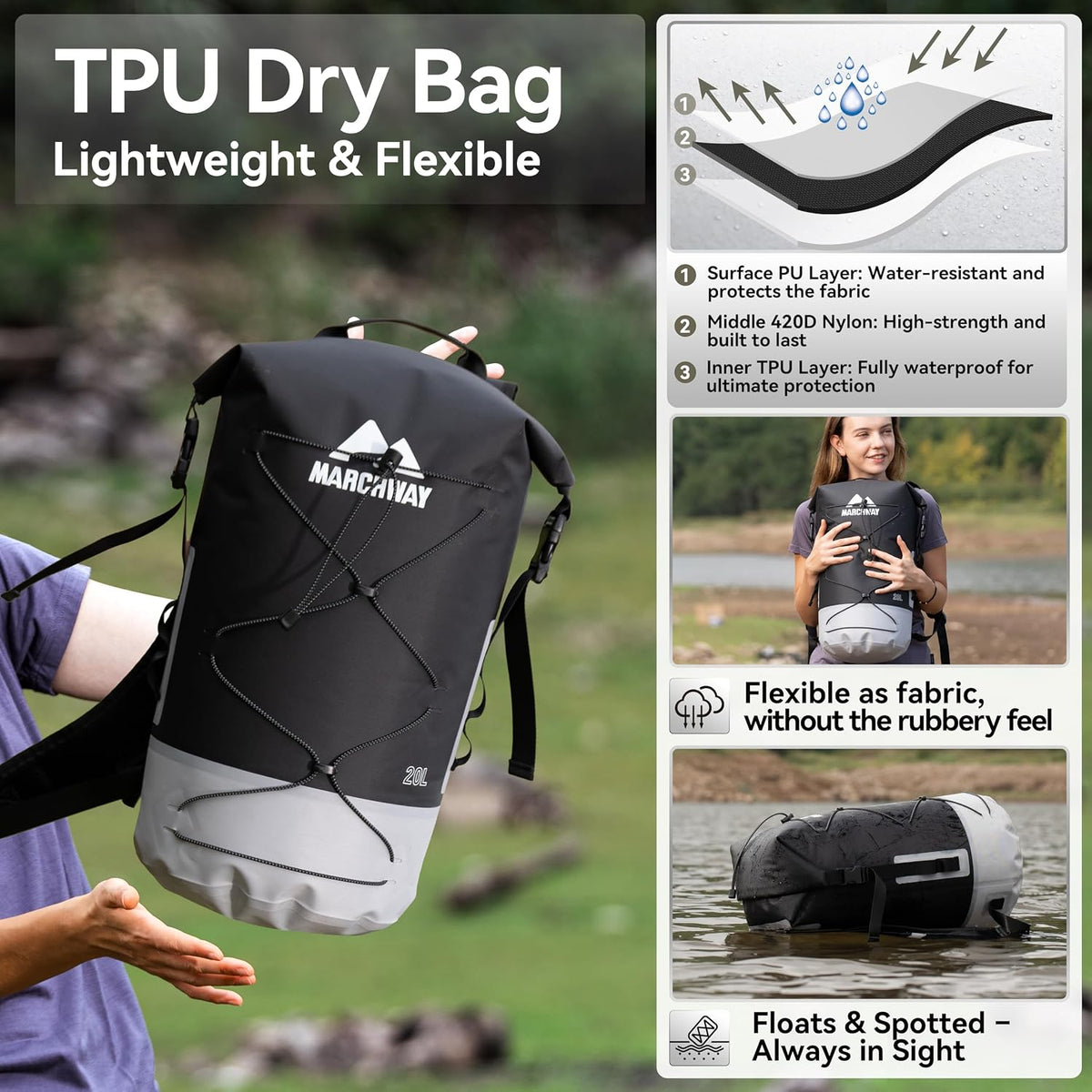 MARCHWAY Floating Roll Top Dry Bag, Flexible Lightweight TPU-coated Nylon Waterproof Backpack 20L/30L/40L with Padded Straps for Boating, Kayaking, Swimming, Hiking, Beach (Black, 30L)