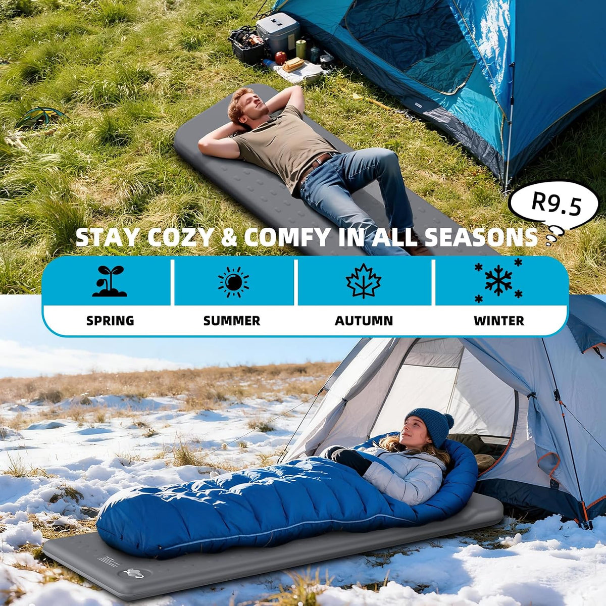 KASIMO Memory Sleeping Pad for Camping, 3" Compact Ultra-Thick Foam Sleeping Mats with Pillow, 9.5 R-Value Insulated Camping Mattress Pad or Car Travel Backpacking Tent,Home