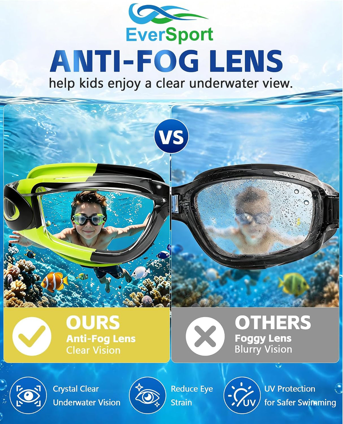 EverSport Kids Swim Goggles 2 Pack Anti-Fog Anti-UV Youth Boys Girls 4-16