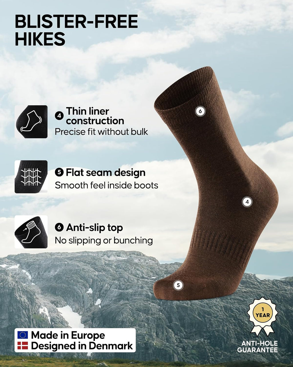 DANISH ENDURANCE Hiking Liner Socks, 2 & 4-Pack
